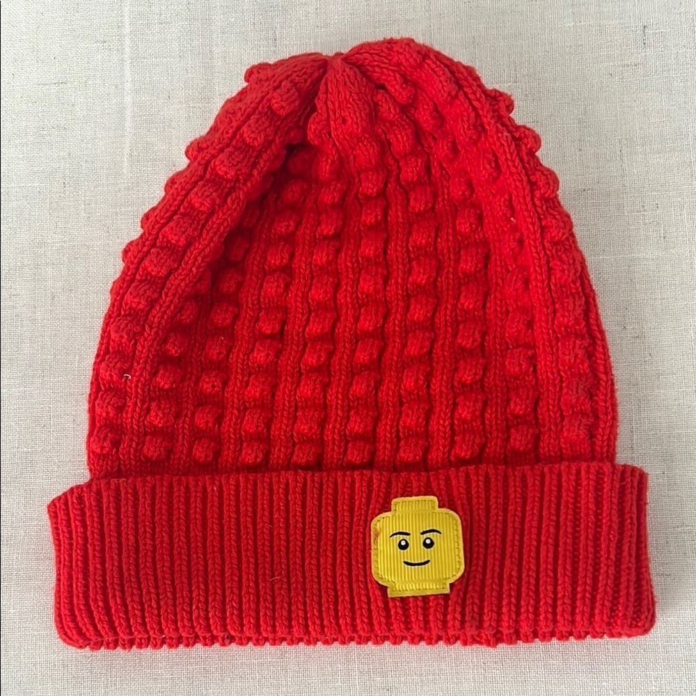 Lego Beanie Hat Red Yellow Knit Stretch Embroidered Rib Cuffed size One Size